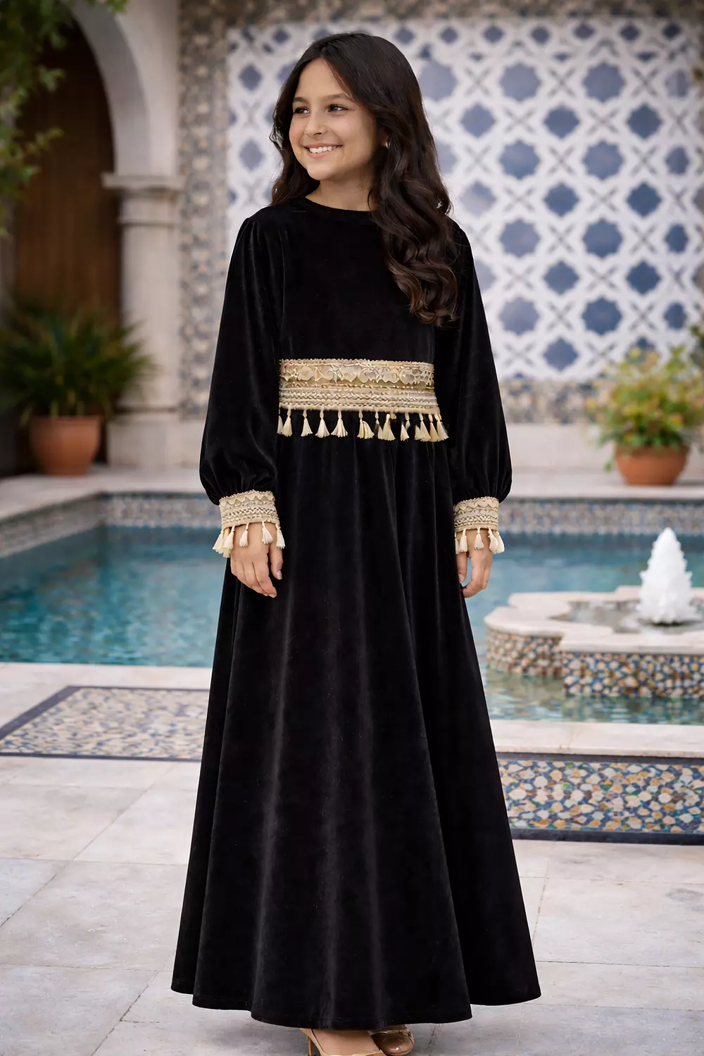 Girls Velvet Ramadan Dress with Separate Tassel Trim, Long Sleeve Islamic Abaya, Traditional Modest Maxi Dress for Kids 5