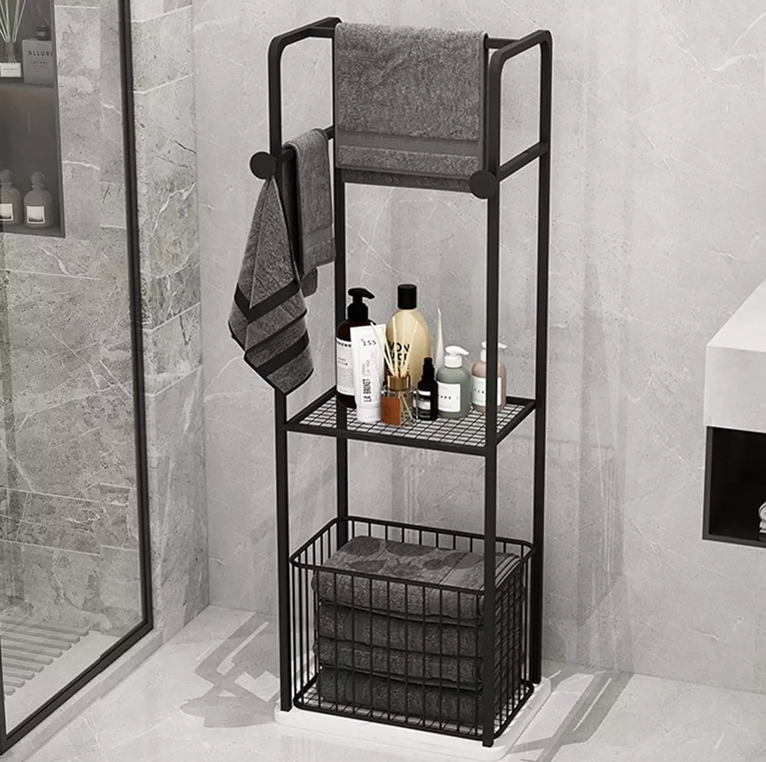 Bathroom towel organizer with clothes basket  hover image