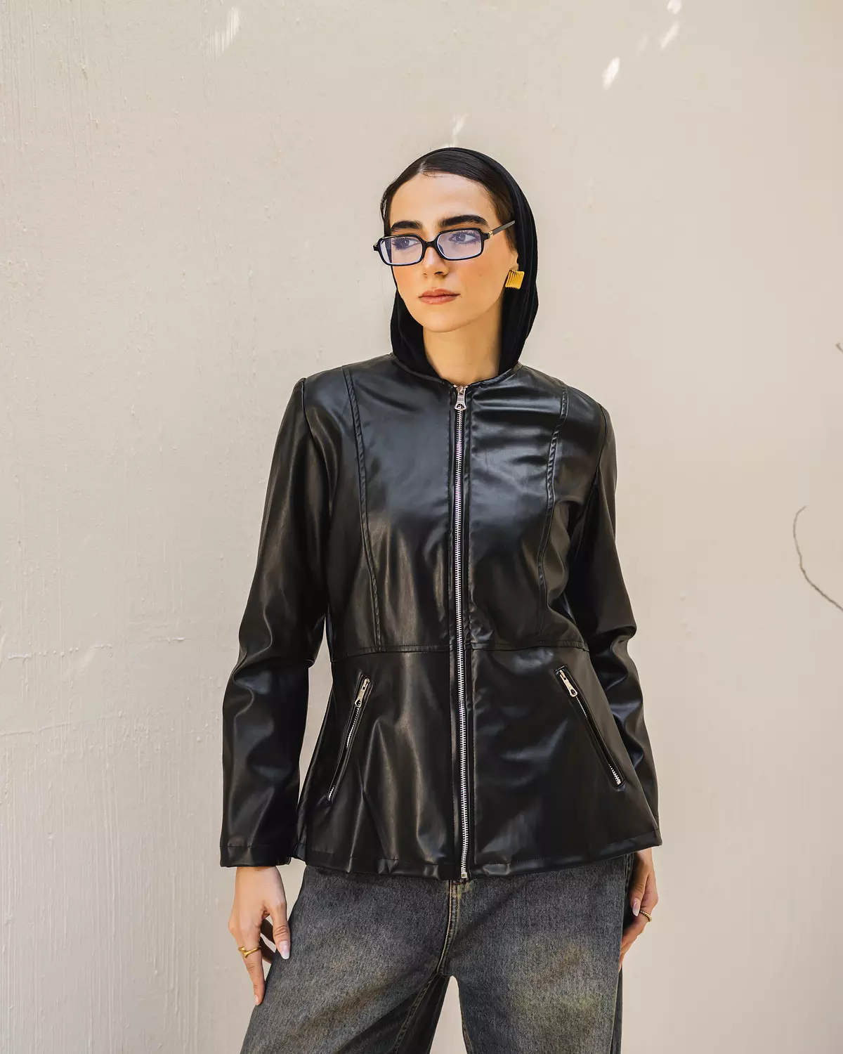 <p style="text-align: center">Faux Leather Jacket in Black</p>