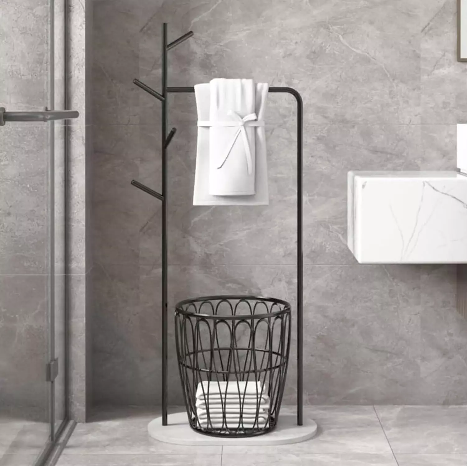 Bathroom towel organizer with clothes basket  image