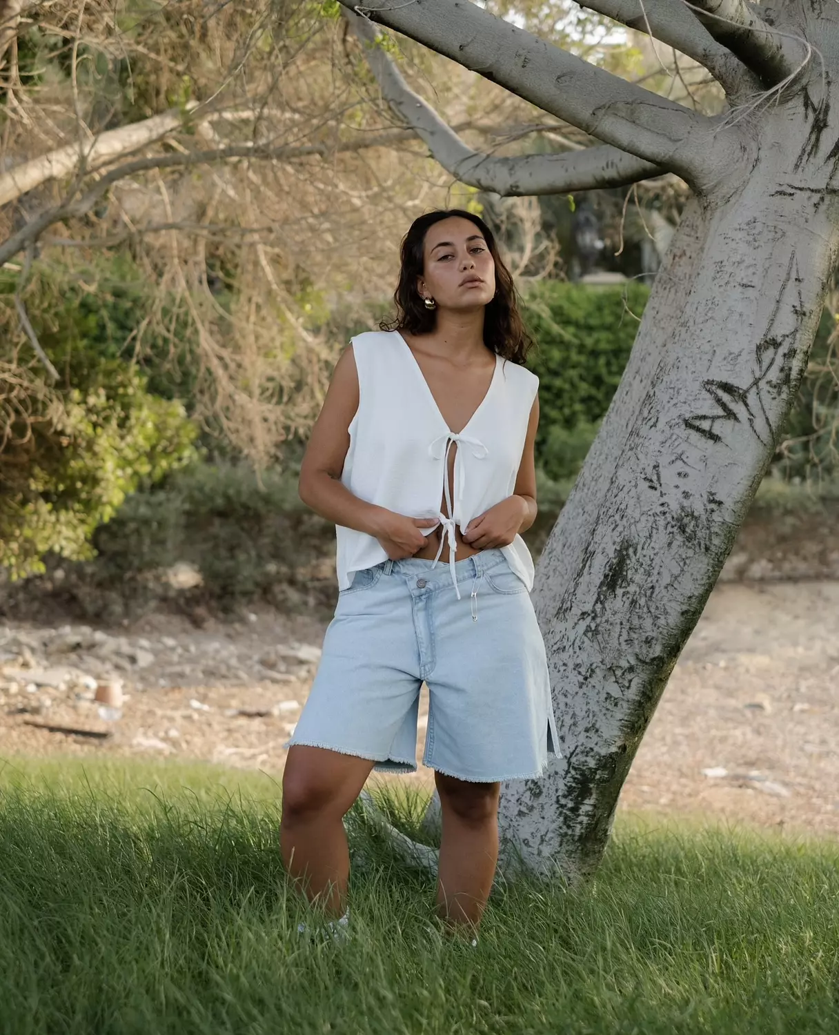 Asymmetric Waist Denim Shorts  