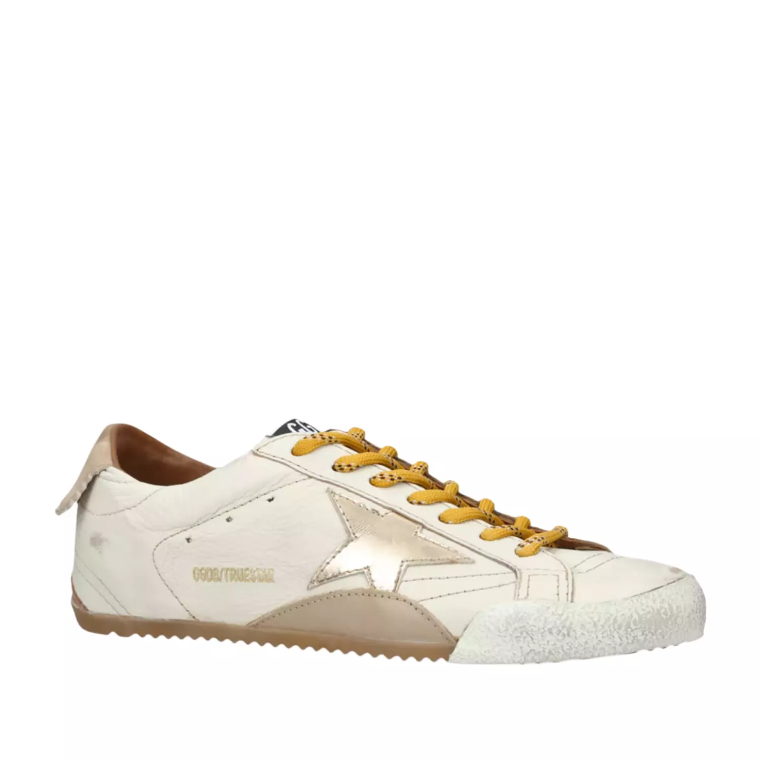 Golden Goose True-Star in white nappa leather with gold star and beige suede heel tab 2