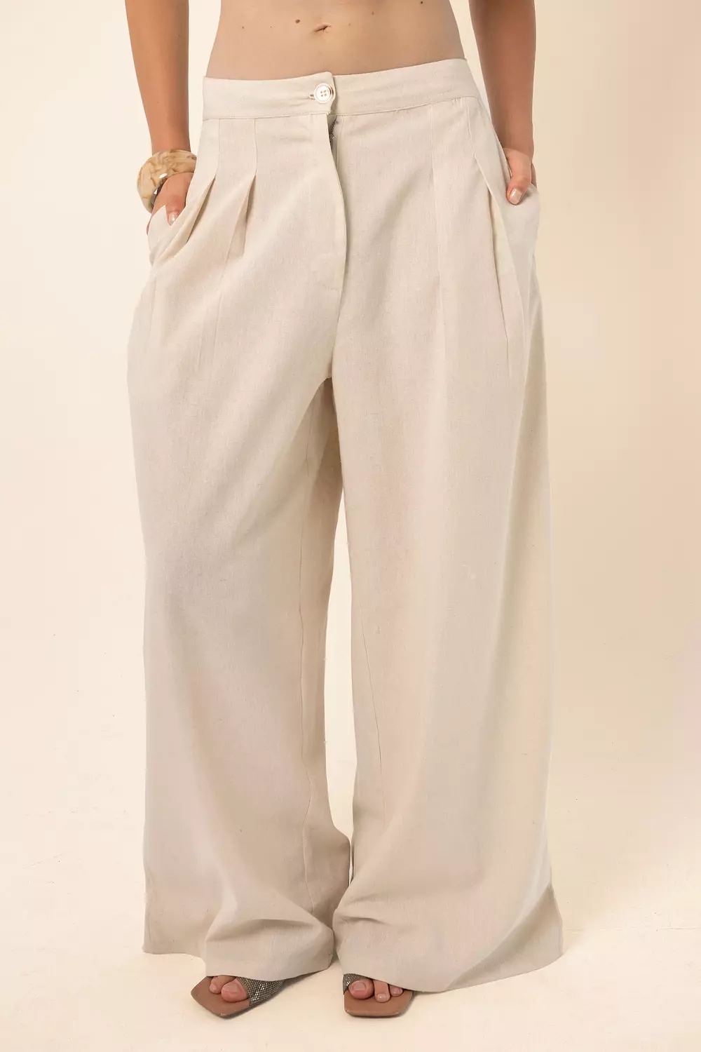 Linen Blend Darted Trousers - beige 2