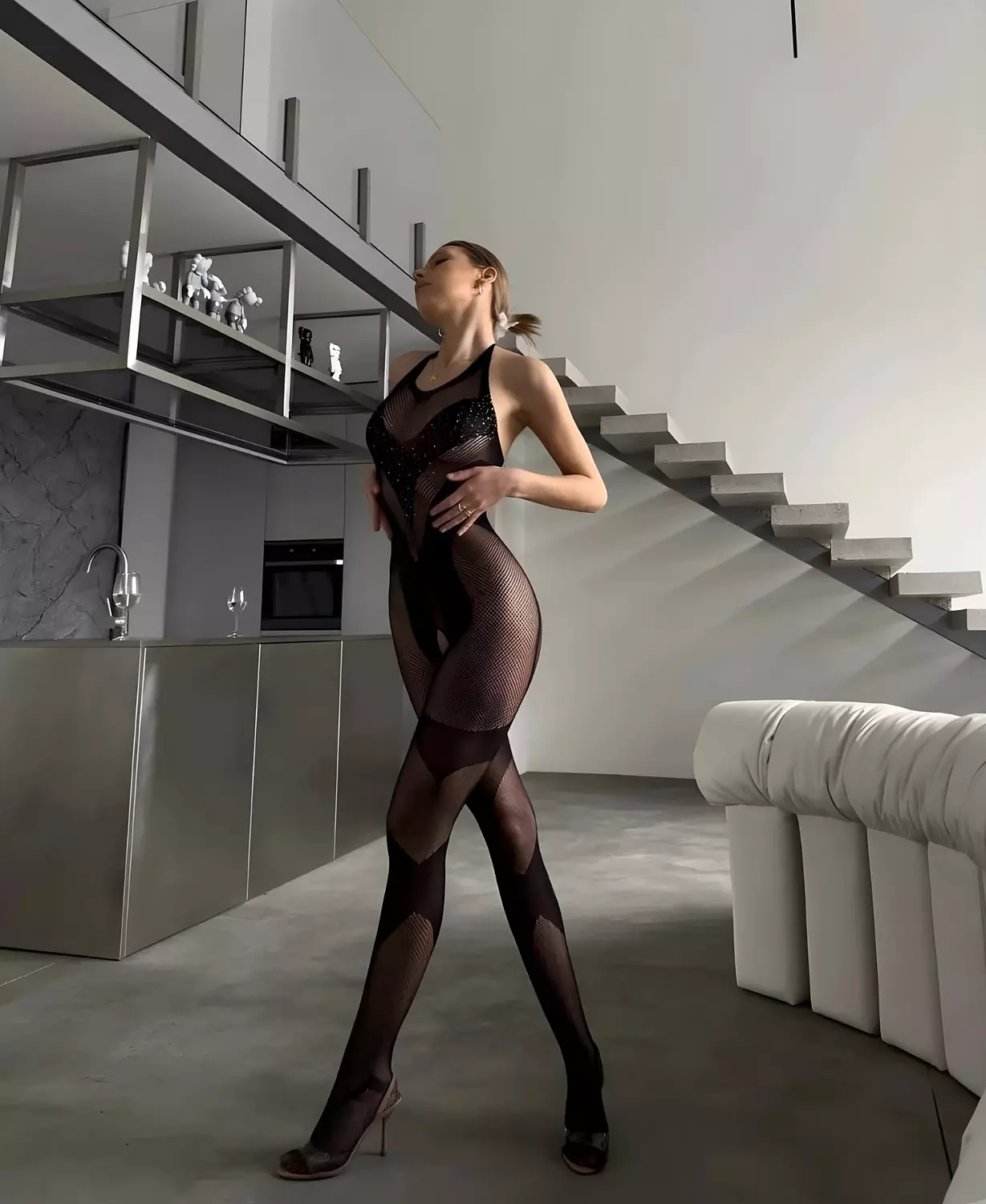 Rhinestone Fishnet Bodystocking – Black 3