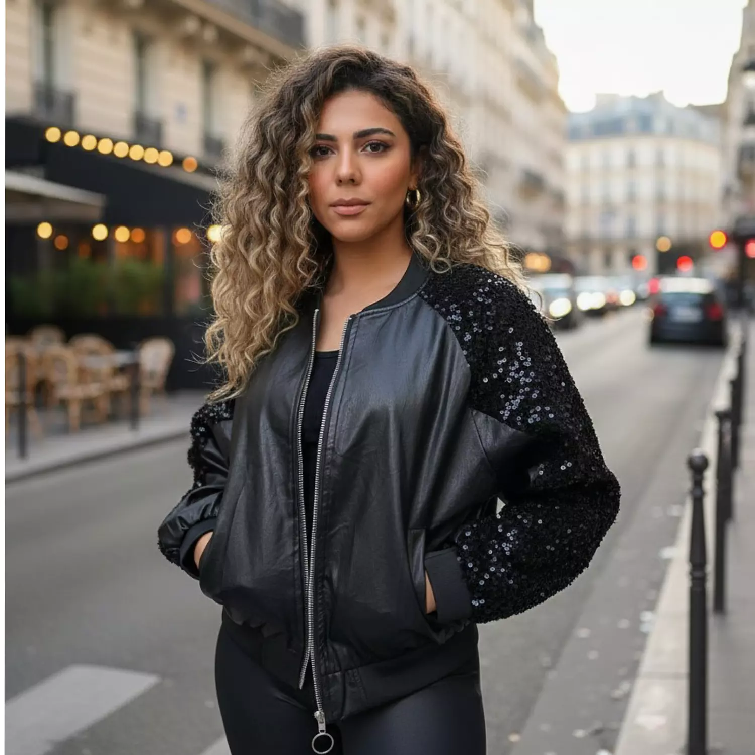 Leather Bomber Jacket with Sequin Sleeves – Black image