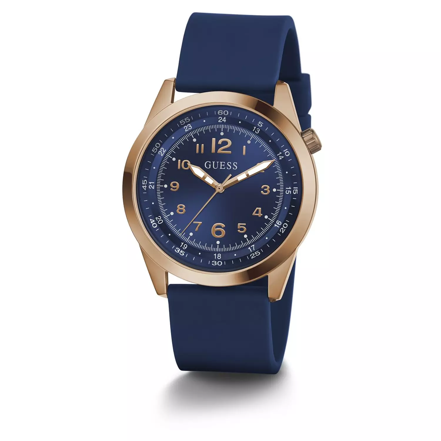GUESS MAX Mens Blue Rose Gold Tone Analog Watch Blue Silicone Smooth Strap 4
