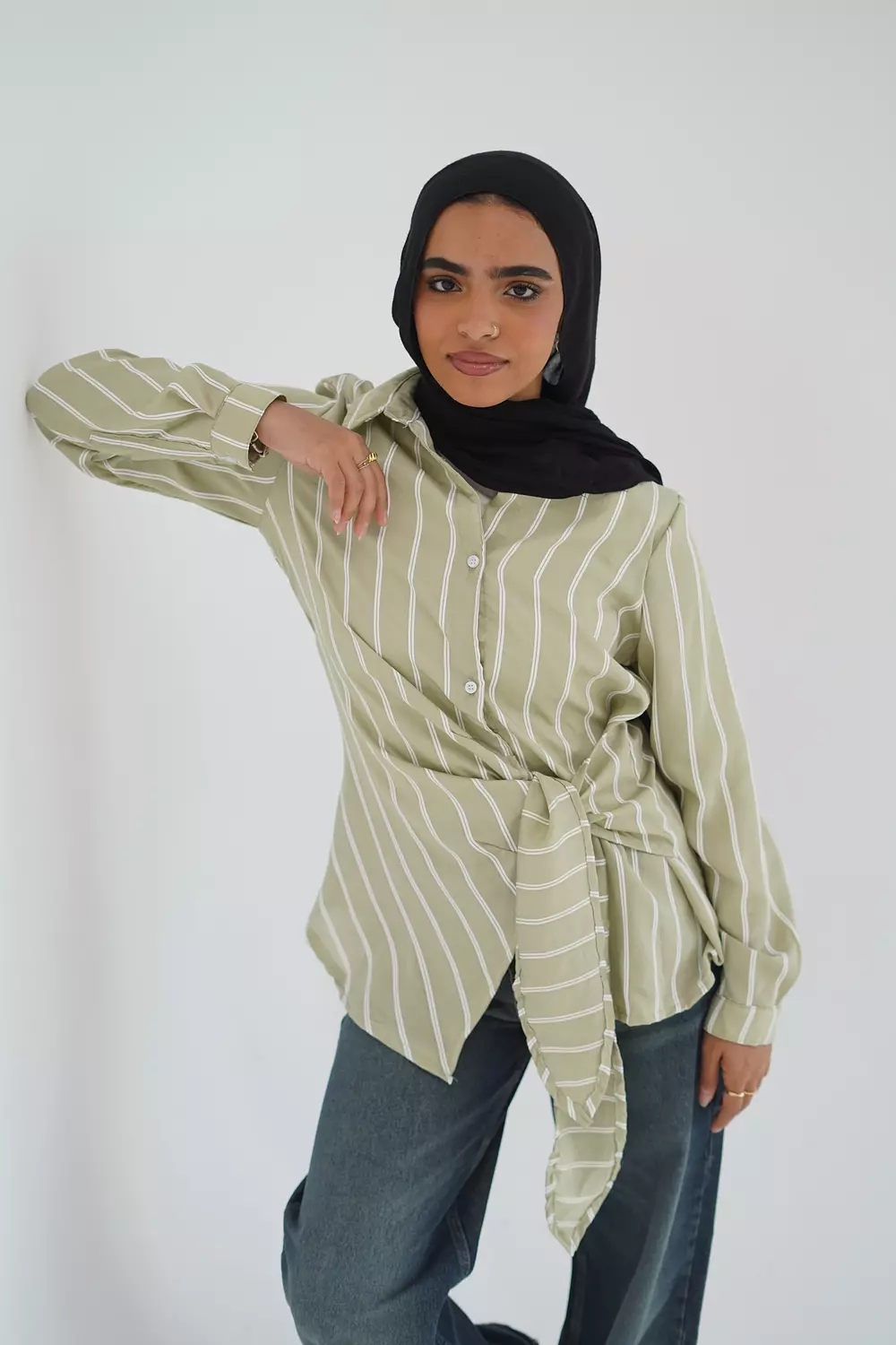 Olive long striped shirt with side tie 2