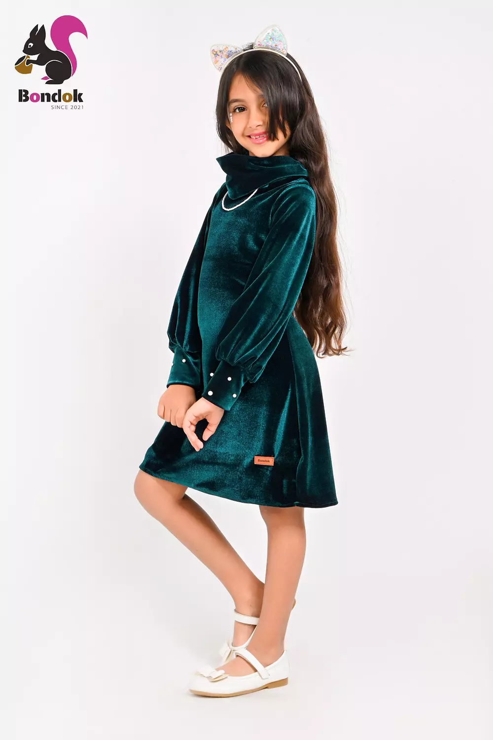 Pearl Slim Dress for Girls, Velvet Long Sleeve (RED, BLACK, EMERALD GREEN, NAVY BLUE AND DEEP FUCHSIA) 15