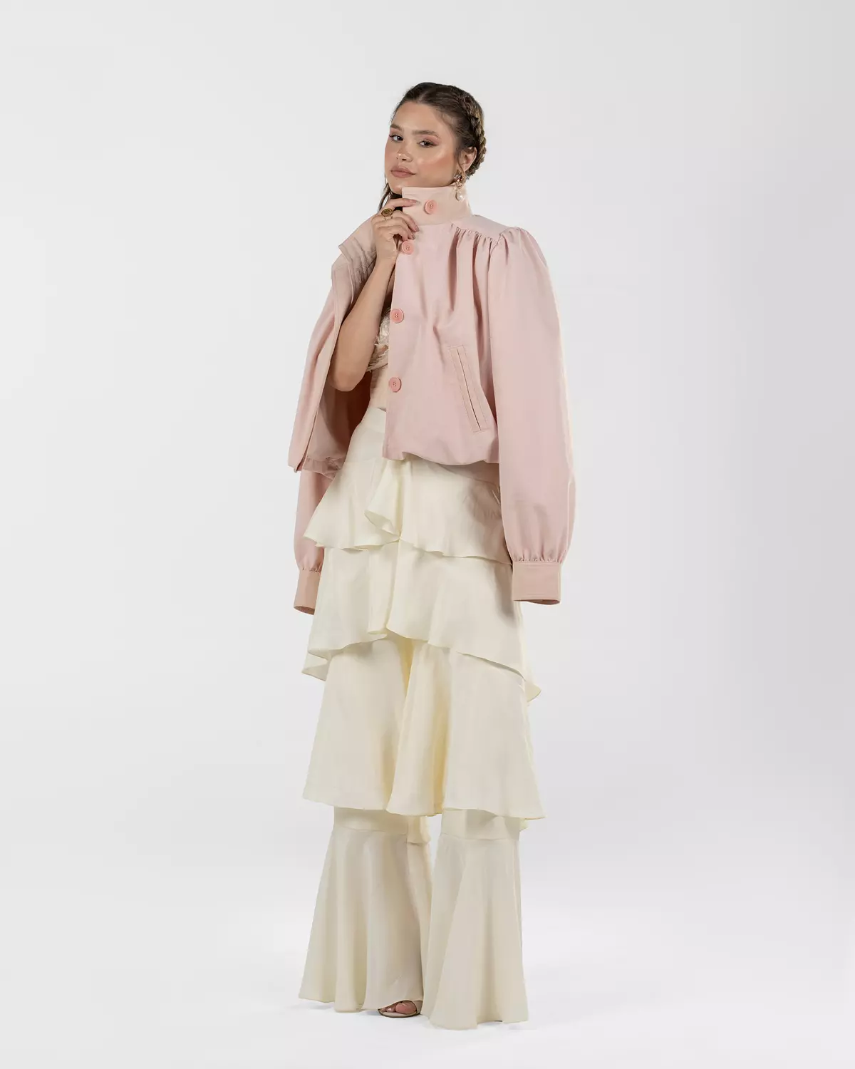 Chic Off-White Silk Ruffled Wide-Leg Pants 4