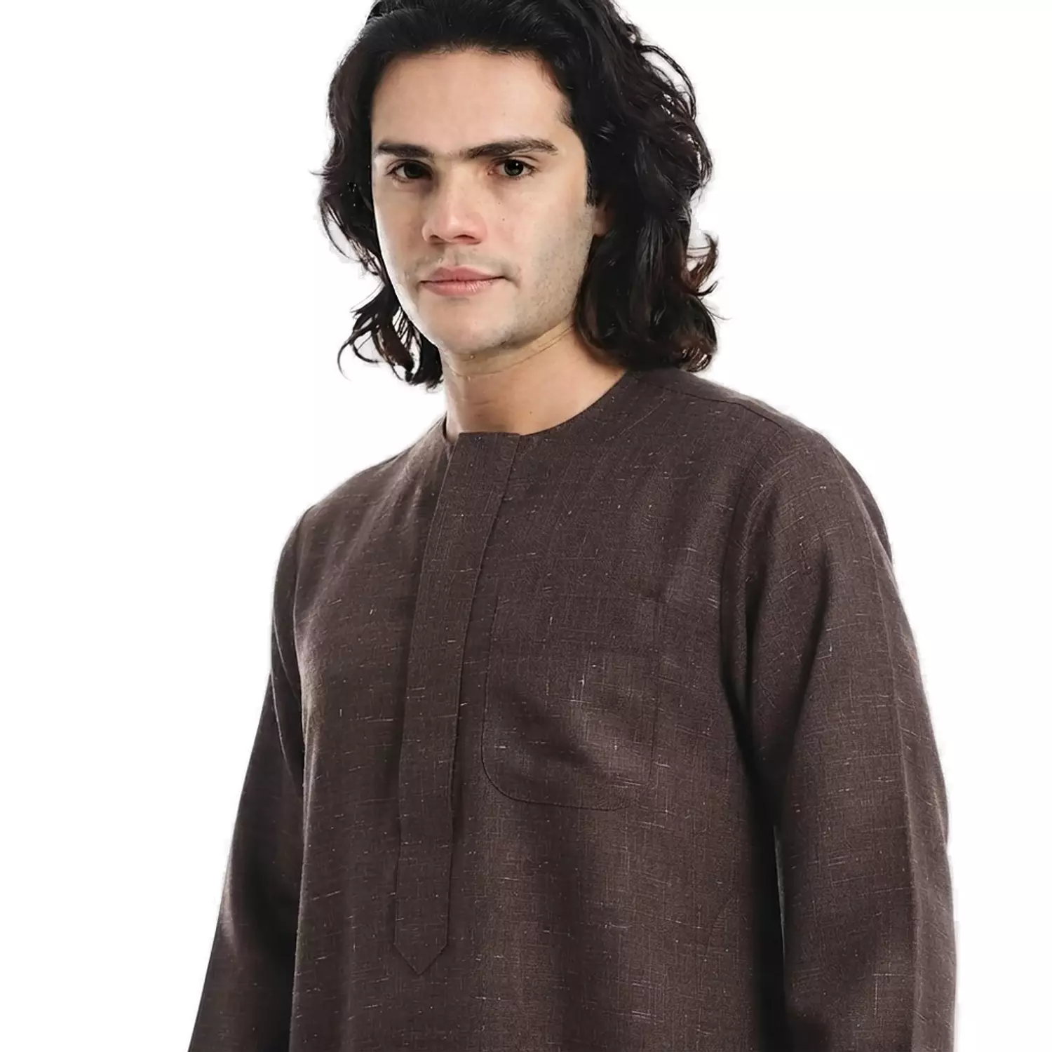 Men Galabeya Long Sleeves - Linen - 2326 - Dark Brown 2