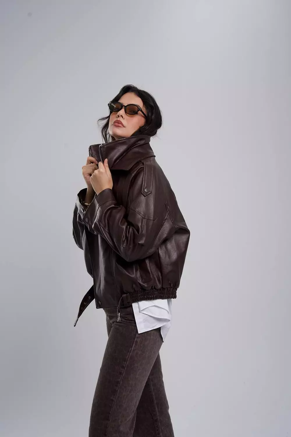 Zipper Collar Leather Bomber  10