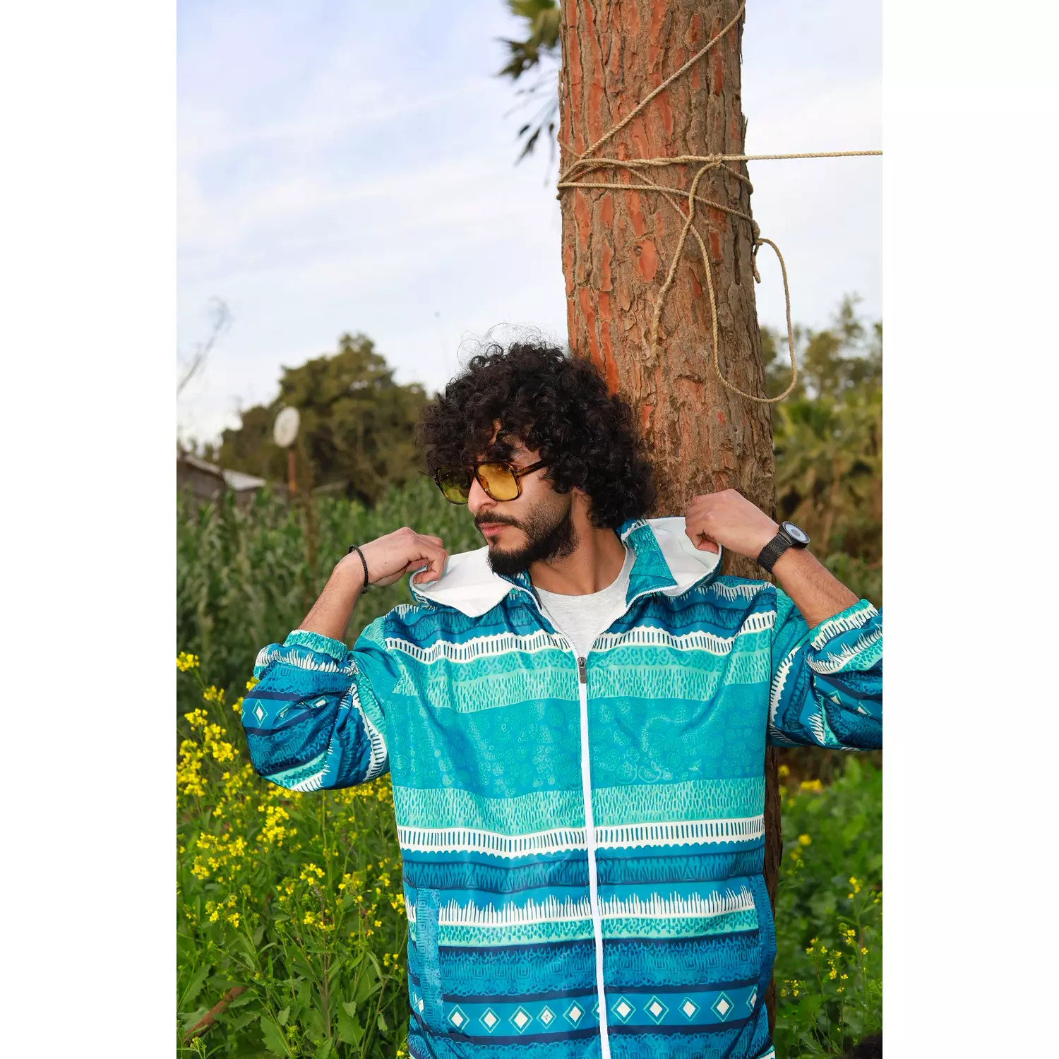 Hooded Blue Tribal Patterned Bomber Jacket image