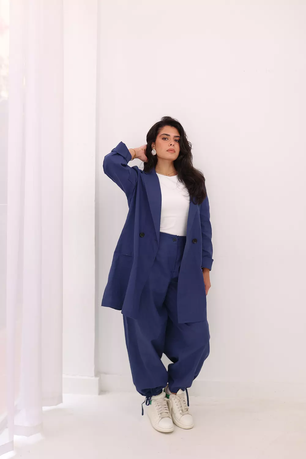 Linen wrapped pants in navy hover image