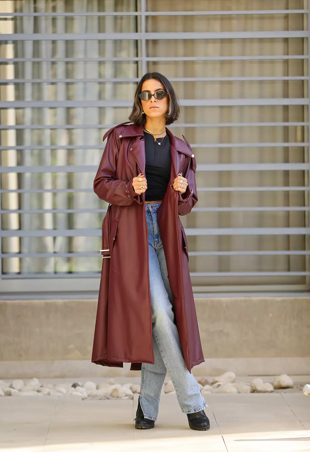 Burgundy leather trench coat 3