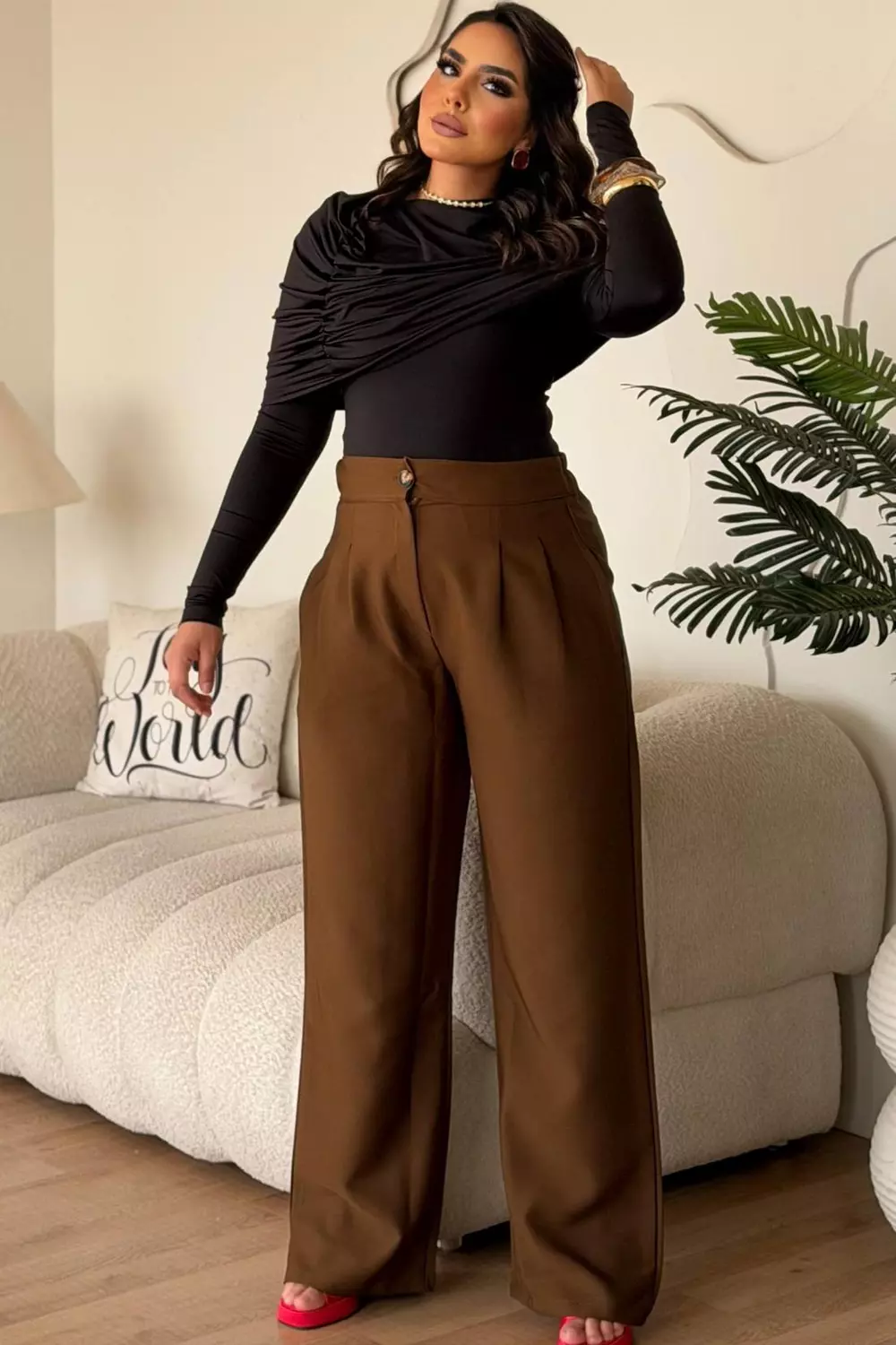Turkish Rosetta Crepe High-Waist Wide-Leg Trousers with Pleats 1