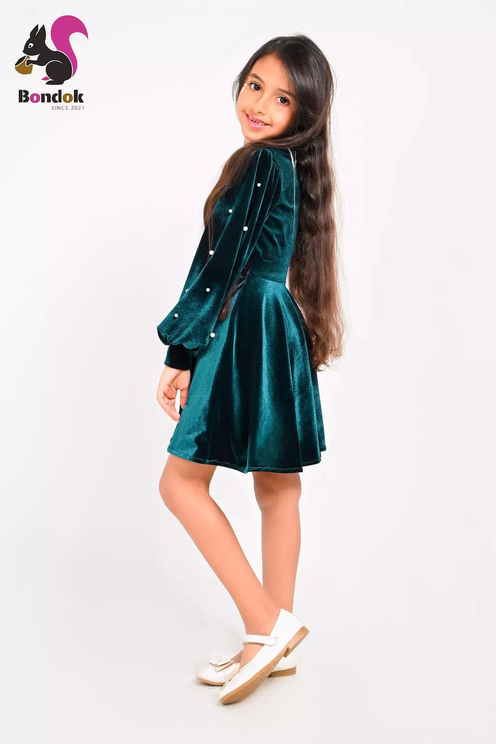 Loly Girls Velvet Dress with Pearl Details, (Red, Navy Blue, Emerald Green, Deep Fuchsia and Black) 12
