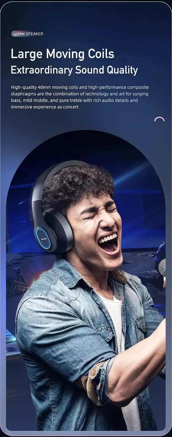 AWEI A100BL Wireless Stereo Headphones, Bluetooth 5.3, FM Radio, Powerful Sound 4