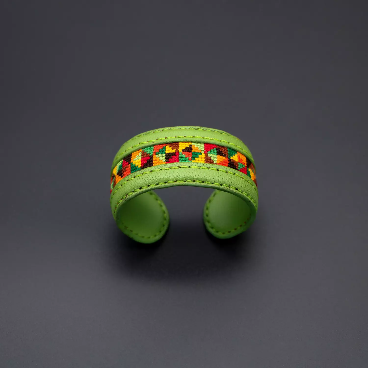  Light green genuine leather cuff with colorful Cross-stitching image