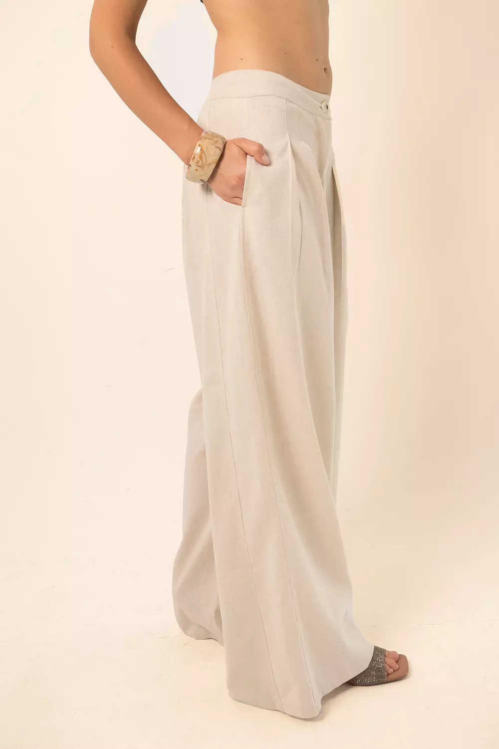 Linen Blend Darted Trousers - beige 4