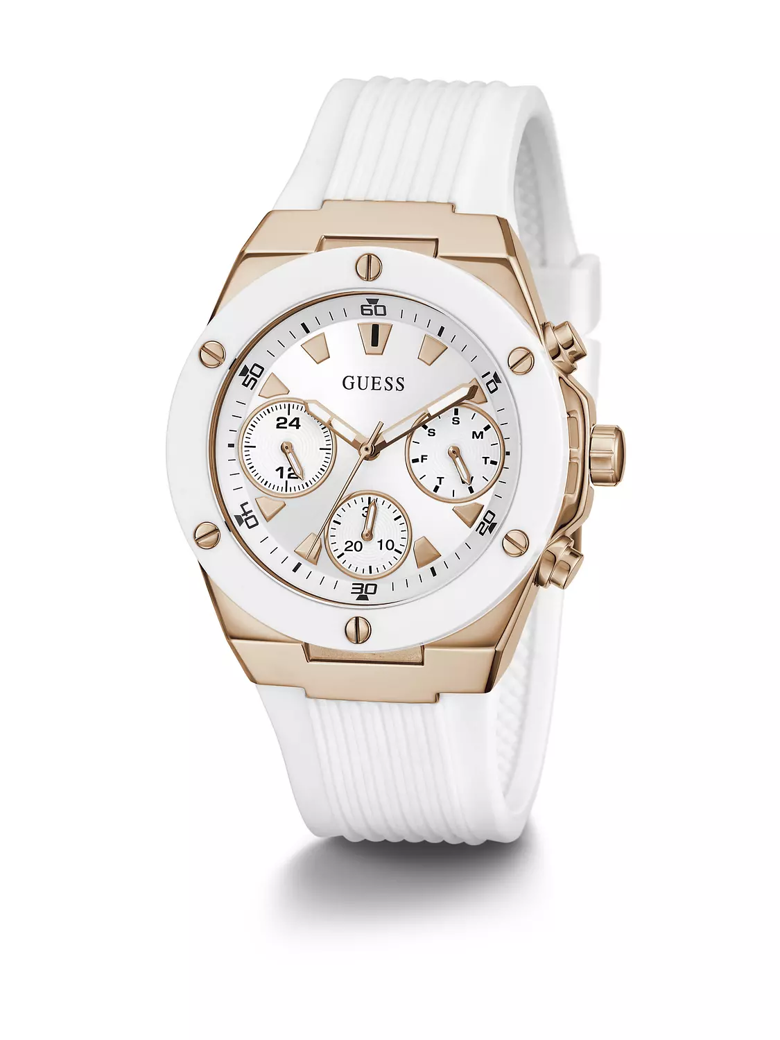 GUESS GW0030L3 ANALOG WATCH Women's White Sunray Dial Rose Gold Round Case/White Silicone Strap 4