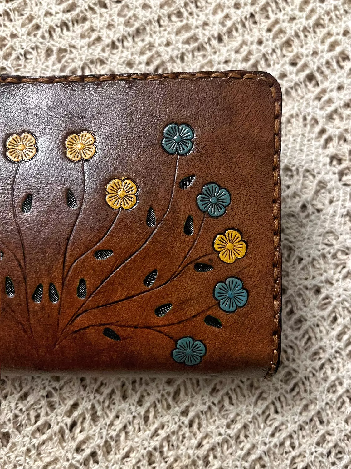 Hand painted yellow-blue flowers medium leather wallet 2