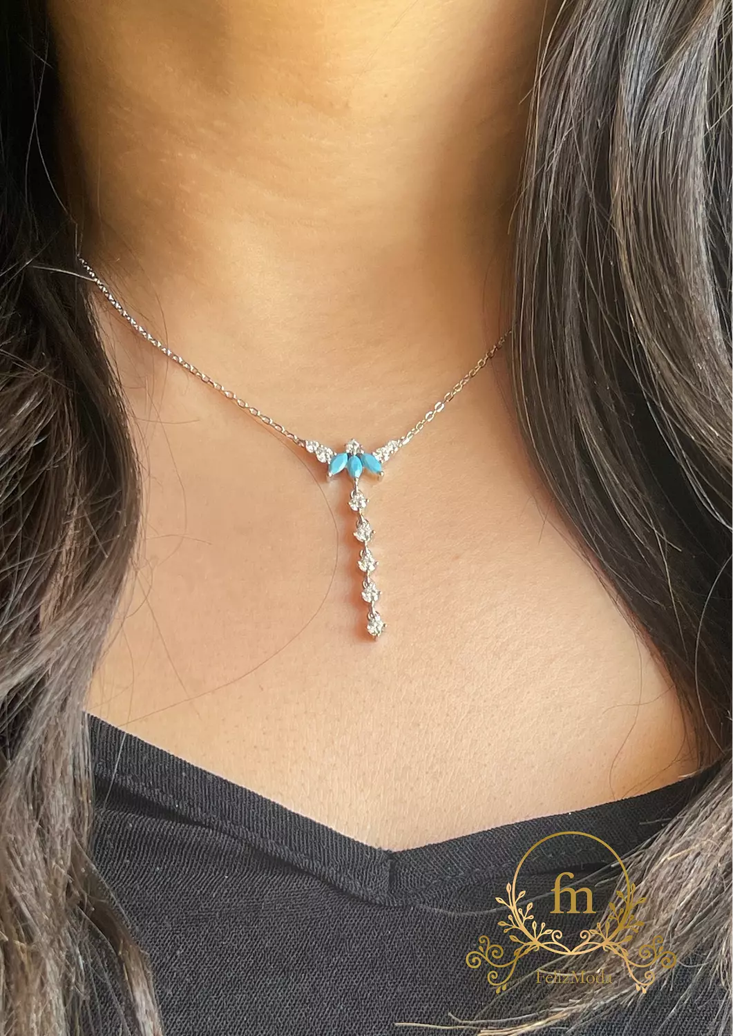 Fayrouz flower silver necklace with dangling stones image