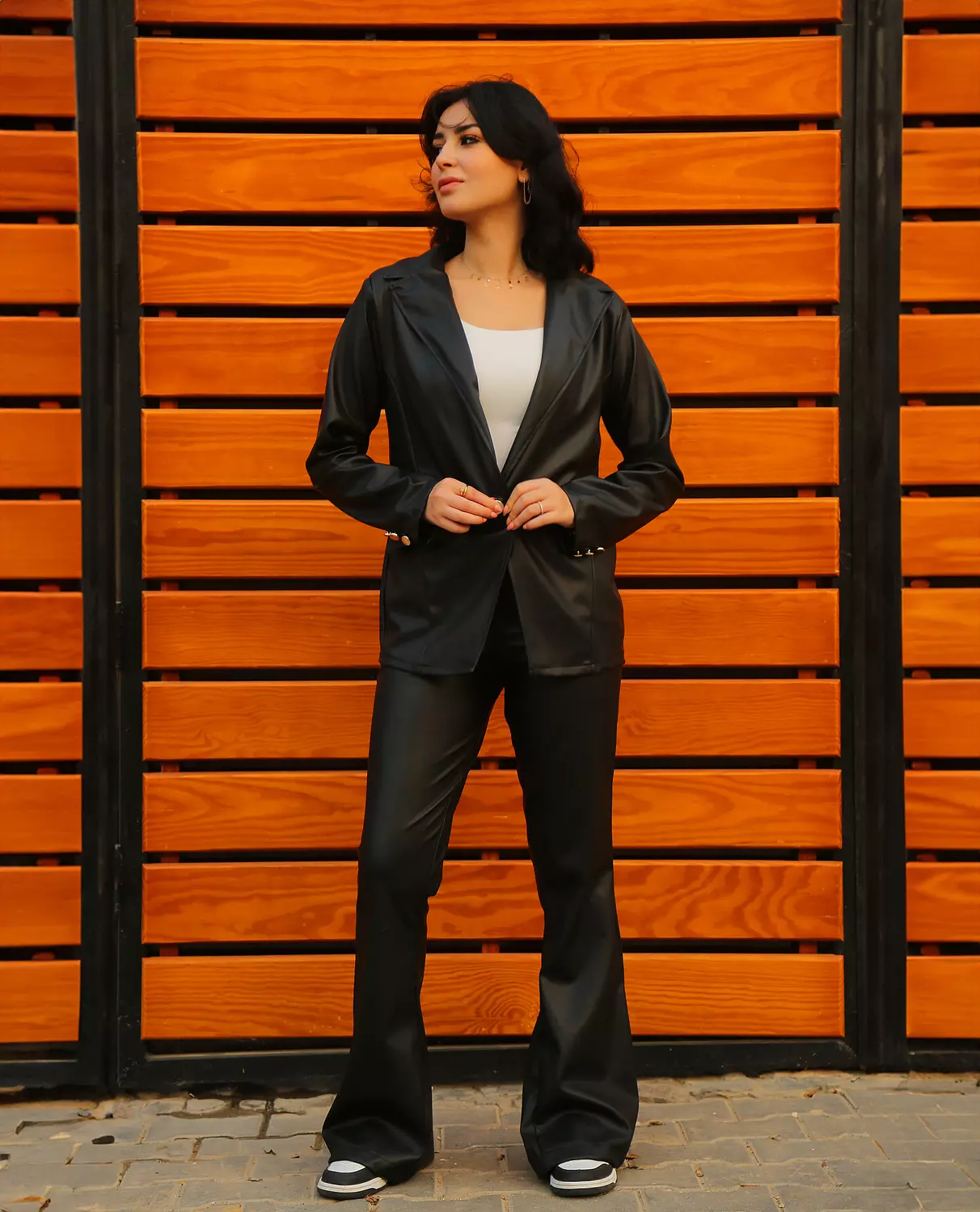 Flare faux leather black pants hover image