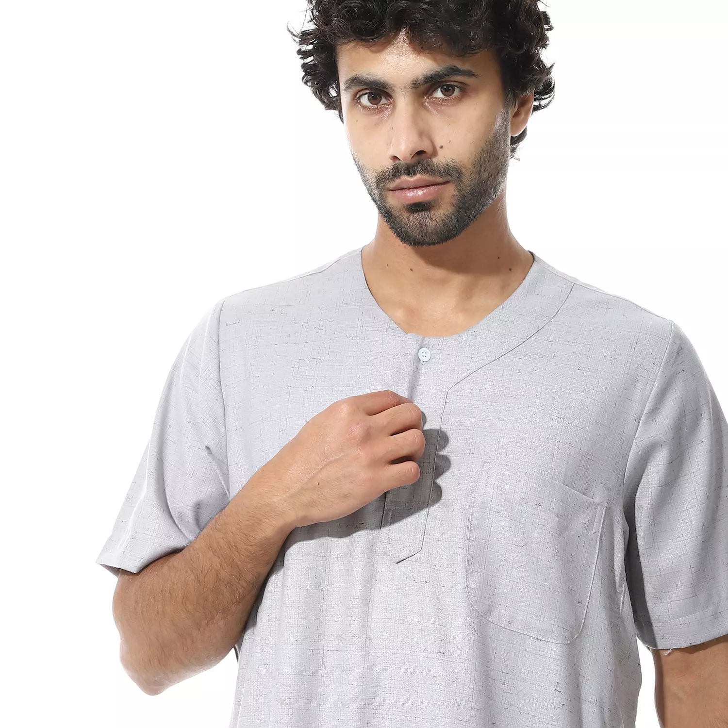 Men Galabeya Short Sleeves - Linen - 2265 - Light Grey  3