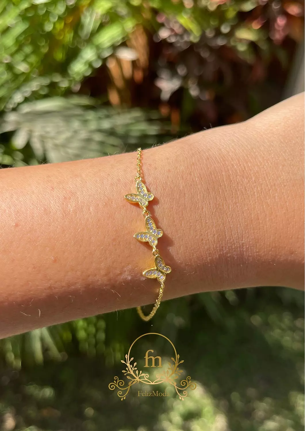 Three butterflies silver bracelet gold plated with zircon stones image