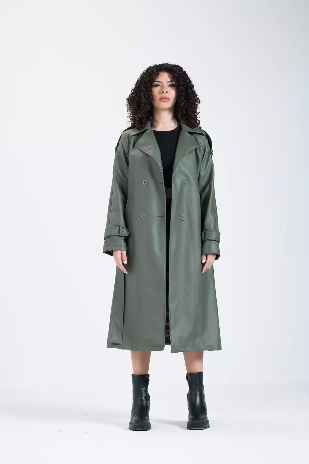 Olive Green Leather Coat image