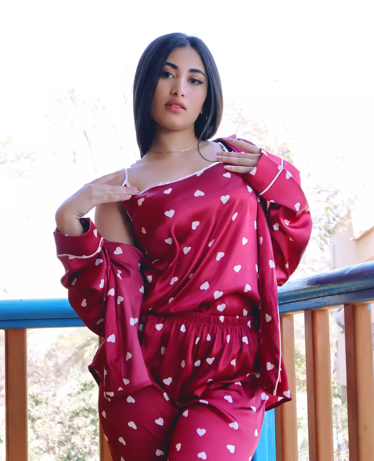 Heart Print Satin 3-Piece Pajama Set 8