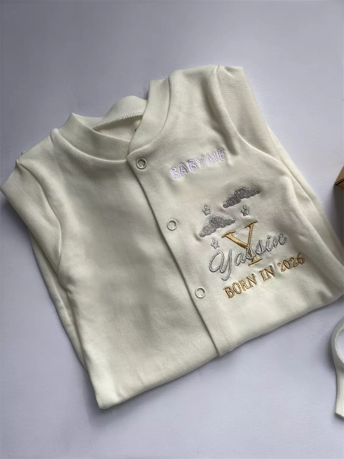 Gold With Silver Letter +Name + Date with Clouds and Stars  Embroidery Design  image