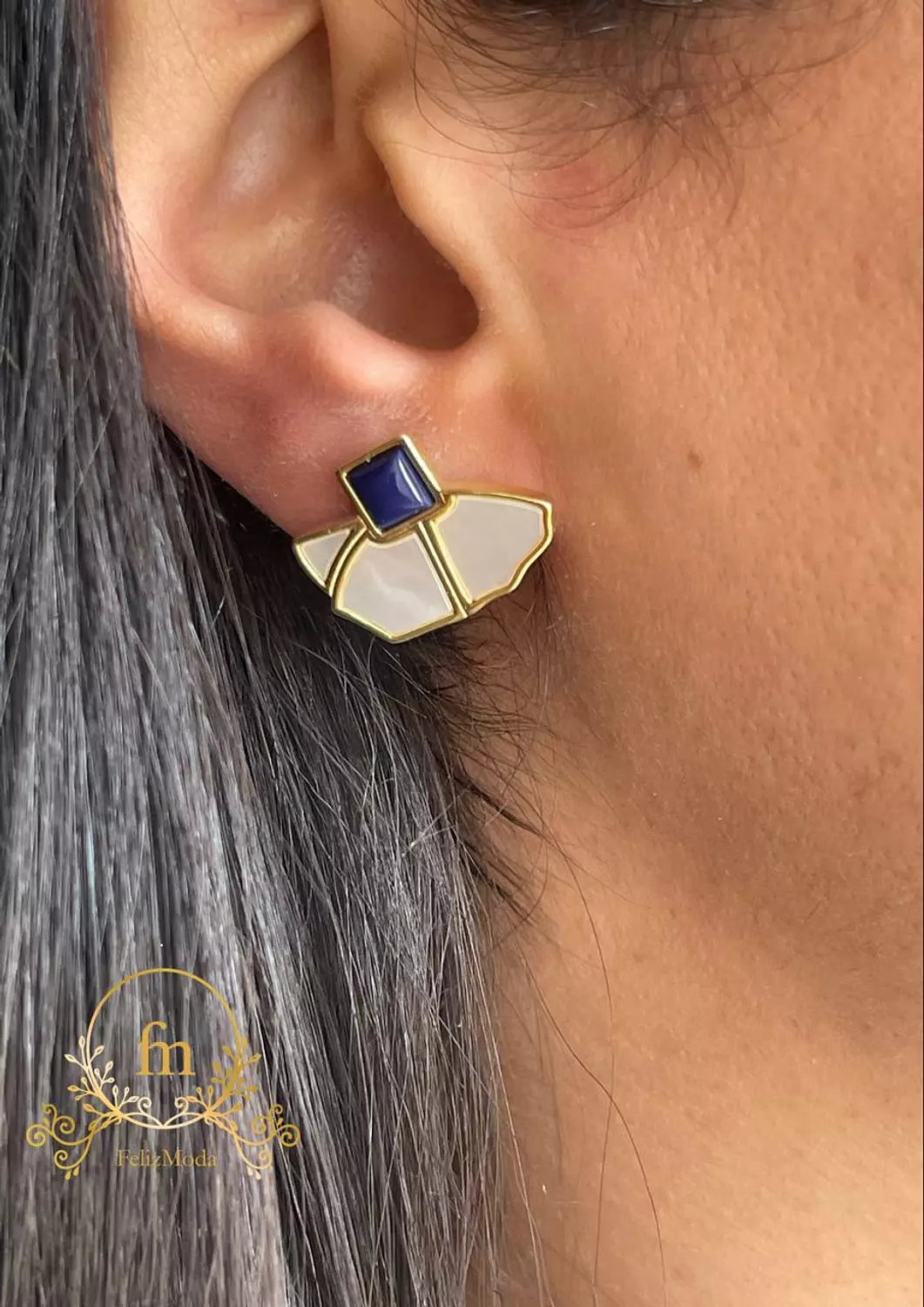 Pearl and dark blue stone silver earrings gold plated image
