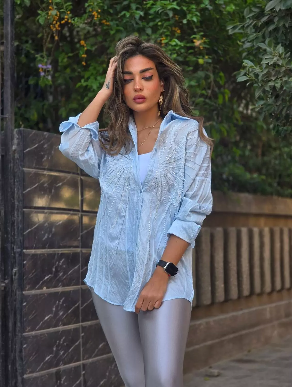Baby blue linen pearl embroidered shirt  image