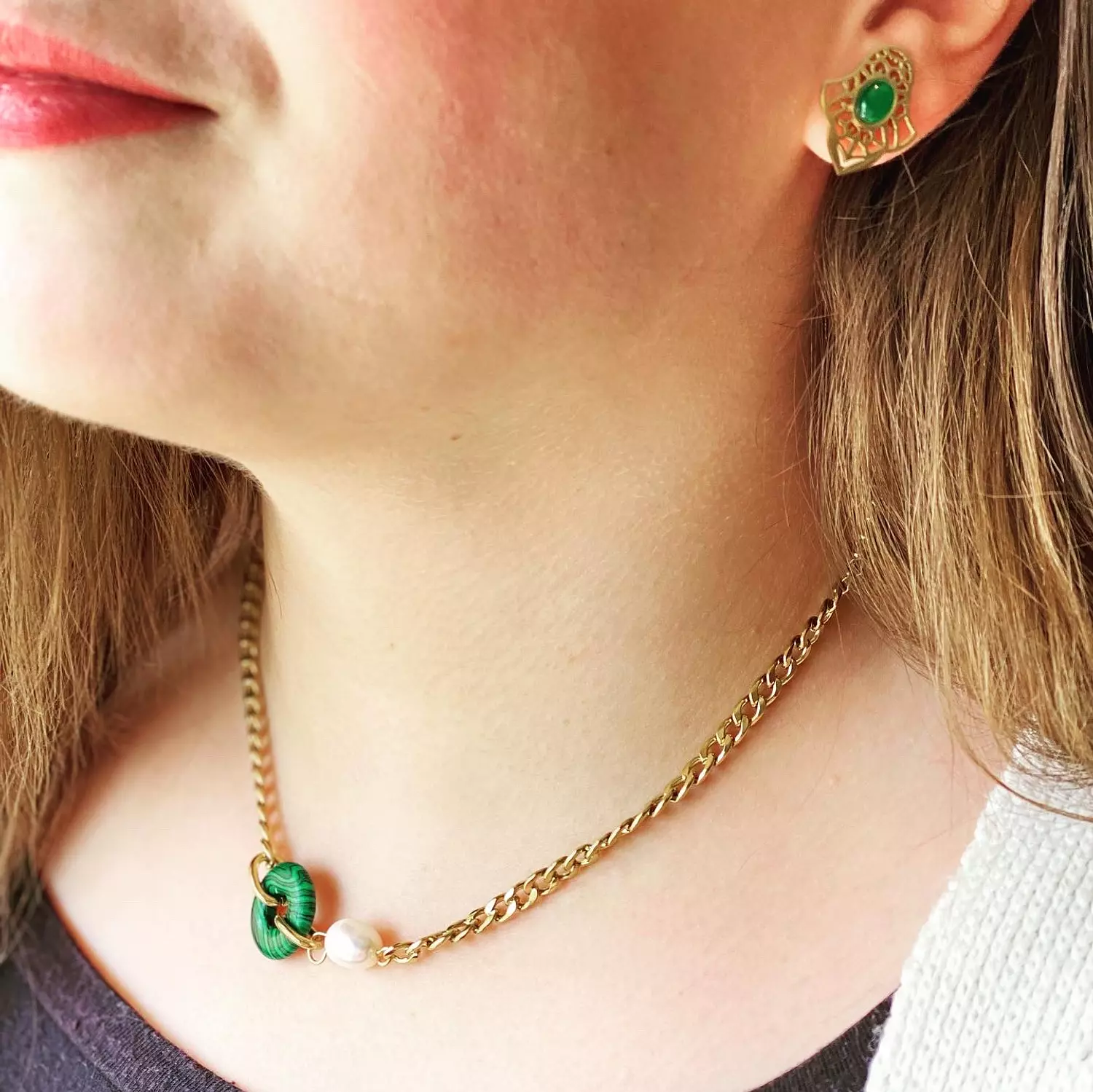 Fresh water pearl with natural green stone necklace hover image