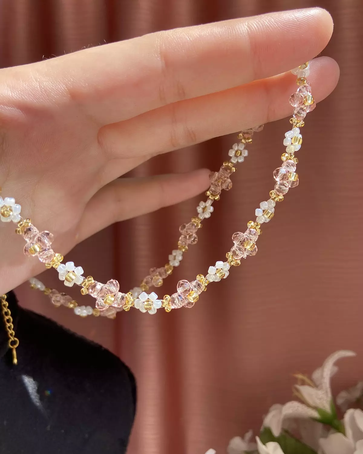Rose Crystal with white flowers necklace. 1