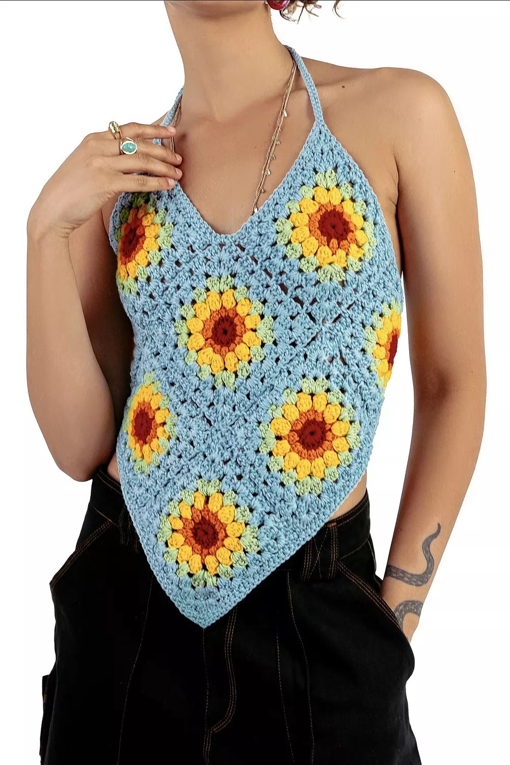 Backless sun flower crochet top in baby blue 1