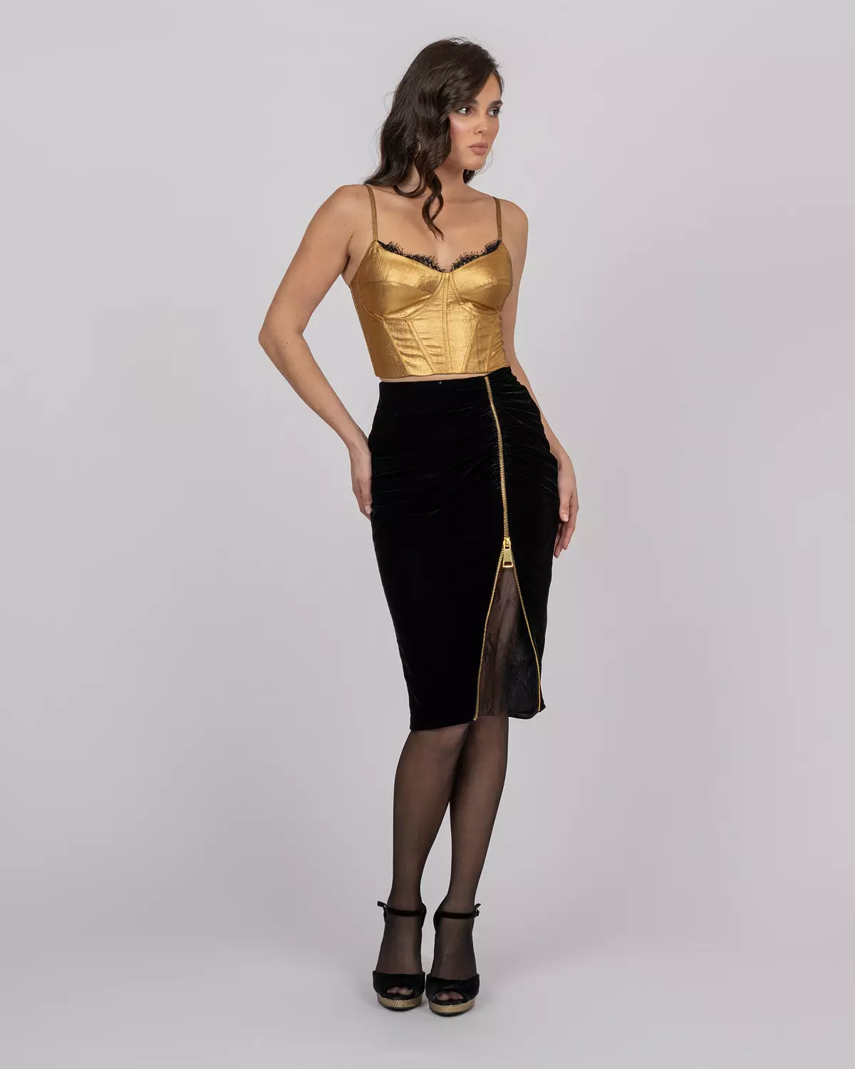 Black Silk Velvet Midi Skirt 3