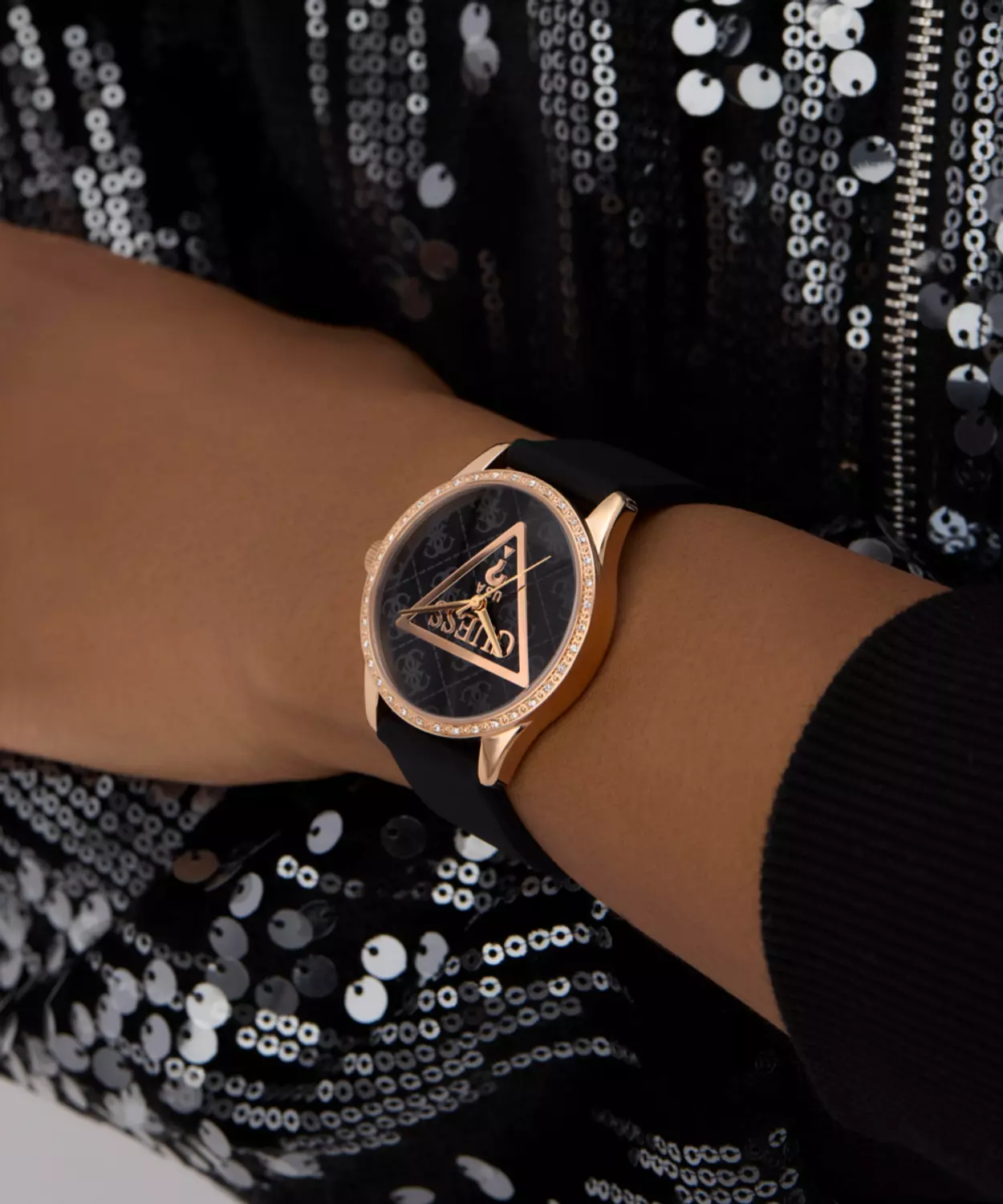 GUESS Ladies Black Rose Gold Tone Analog Watch 5