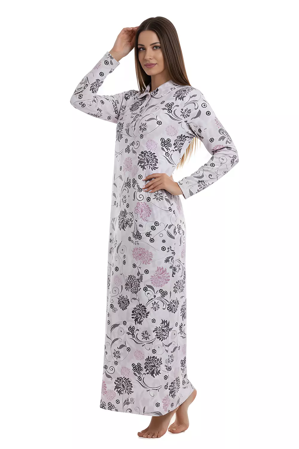 Shorto Women's Collar Fleece Flowers Printed Nightgown - 2647 - Light Rose 2