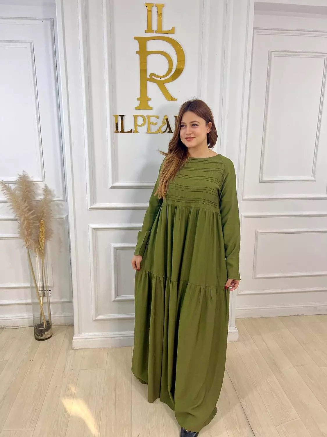 Long Sleeve Linen Dress - Olive 2