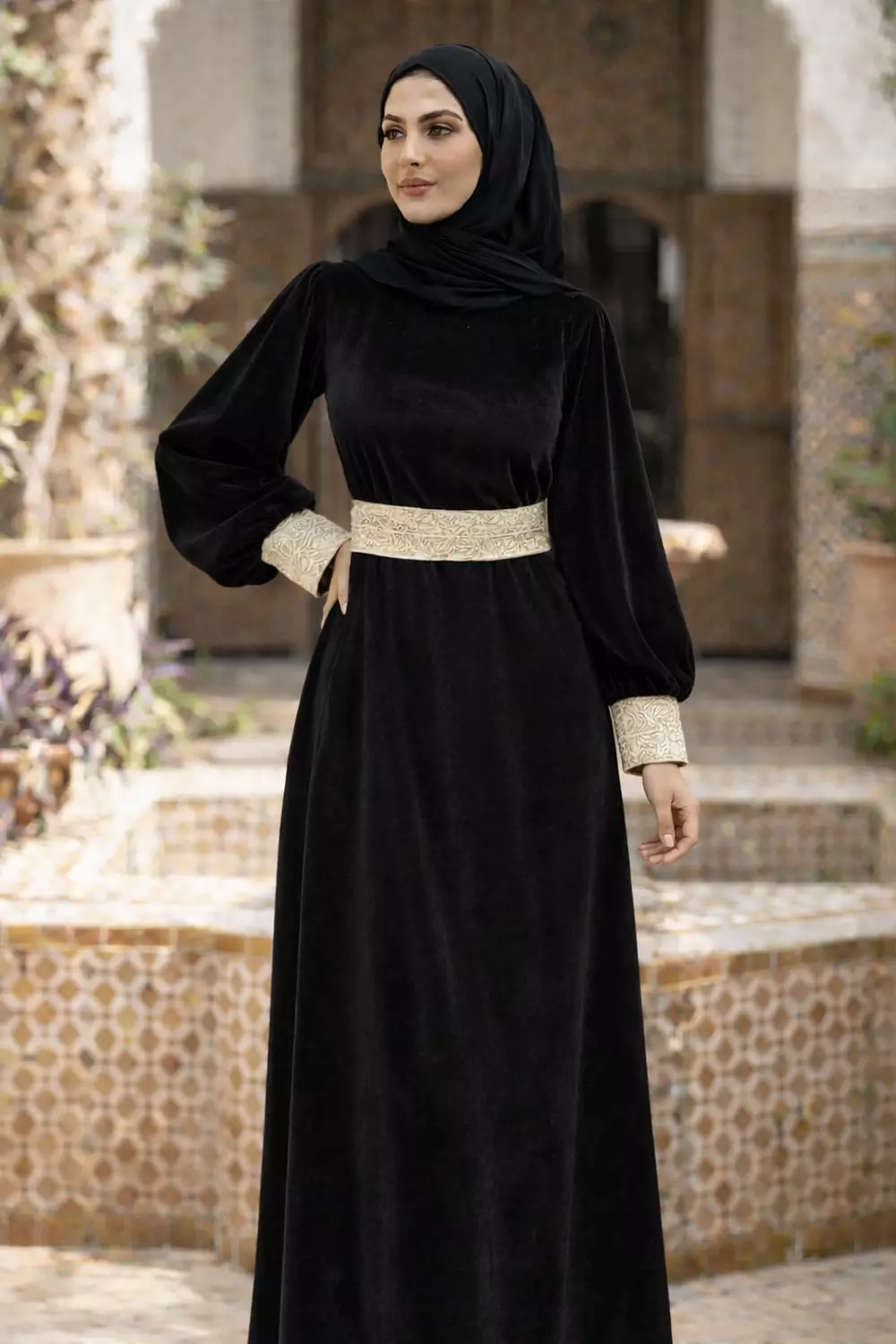 Velvet Women Islamic Dress, Long Sleeve Maxi Dress with SEPARATE Belt. 4