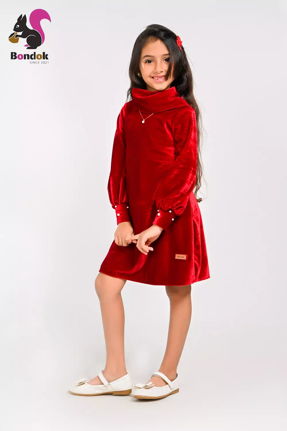 Pearl Slim Dress for Girls, Velvet Long Sleeve (RED, BLACK, EMERALD GREEN, NAVY BLUE AND DEEP FUCHSIA) 7
