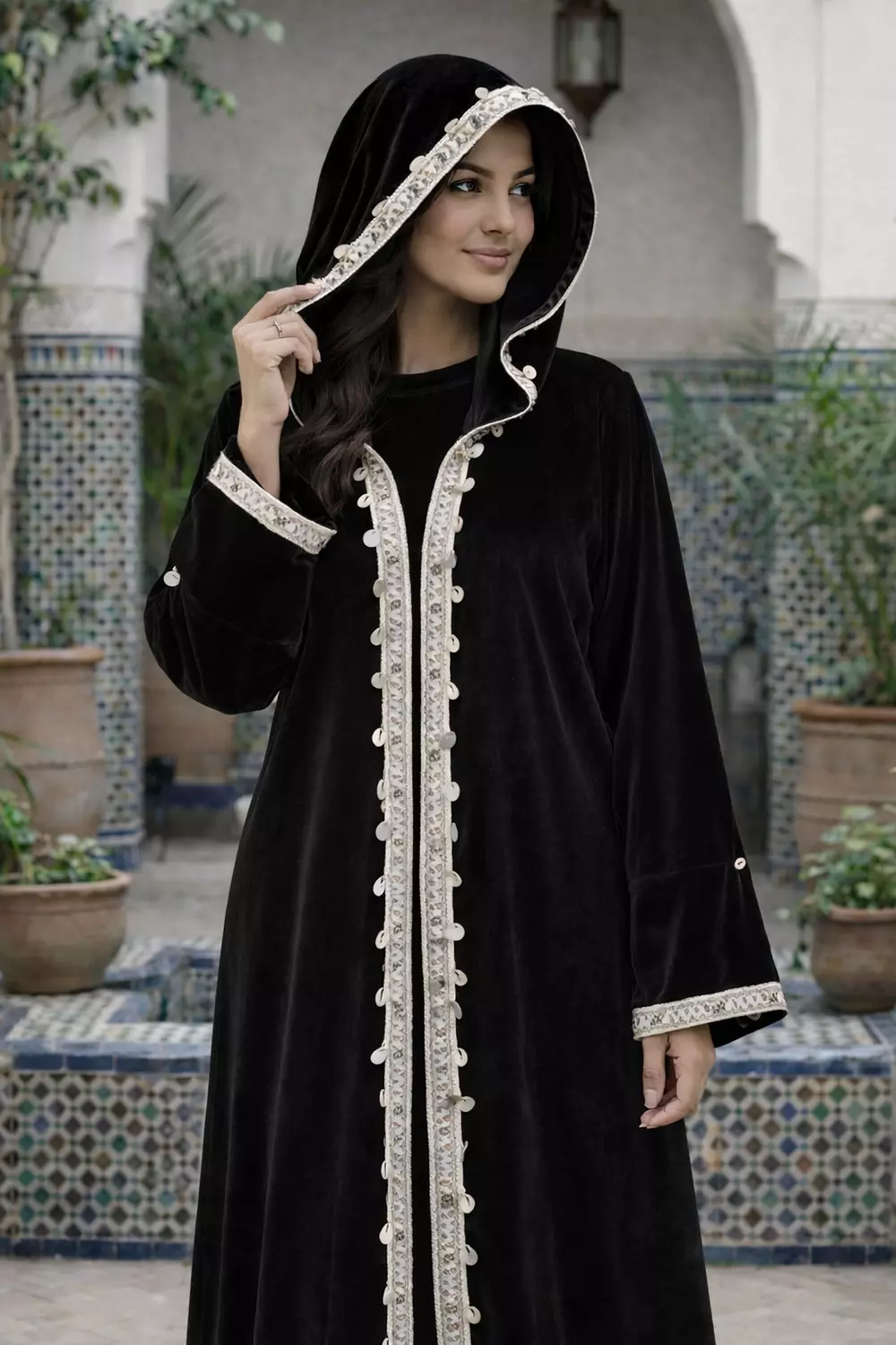 Women's Velvet Ramadan Hooded Kaftan with Lace Trim, Long Sleeve Abaya Robe 6