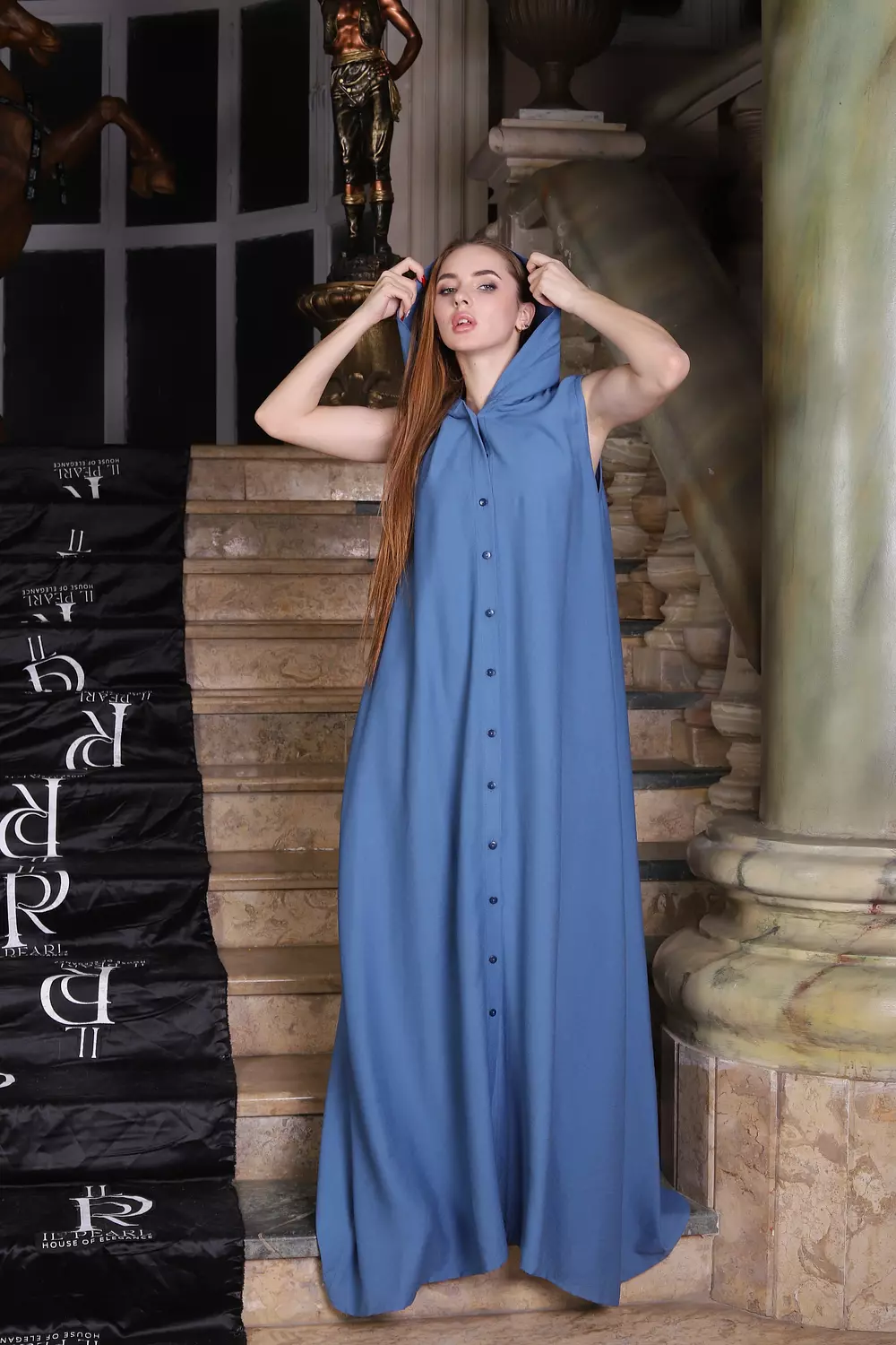 Hooded Soft Linen Cut Dress - Blue 2