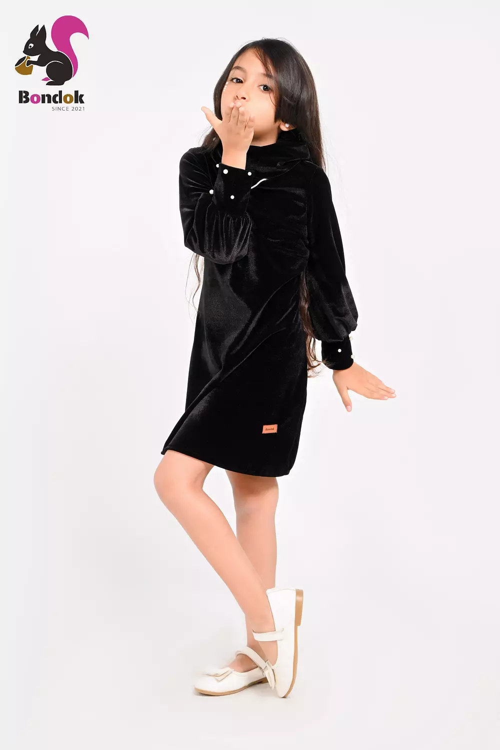 Pearl Slim Dress for Girls, Velvet Long Sleeve (RED, BLACK, EMERALD GREEN, NAVY BLUE AND DEEP FUCHSIA) 3