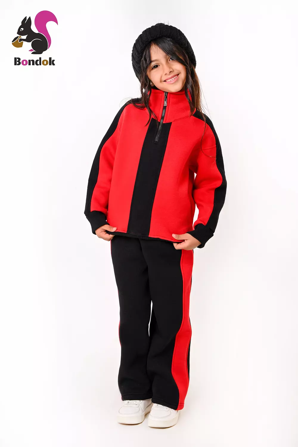 BONDOK Girls’ Winter Black-Strip Tracksuit – High-Neck Half-Zip Sweatshirt & Joggers Set  – Cozy Melton Fleece, Ages 4–14 5