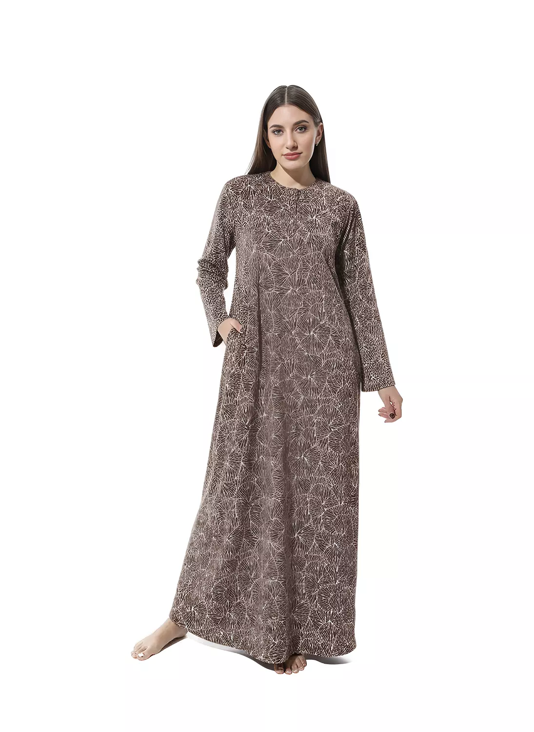 Shorto Women's Fleece Circle Leaves Printed Nightgown - 2649 - Brown - 1 image