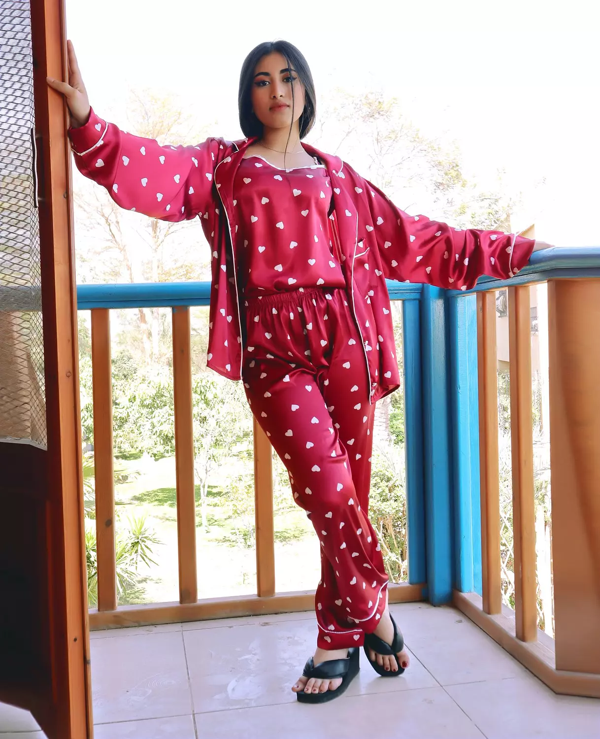 Heart Print Satin 3-Piece Pajama Set 10