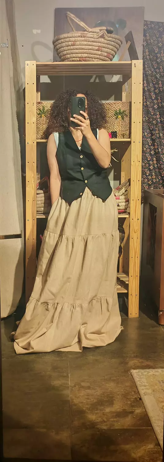 Maxi tiered light beige linen skirt  hover image